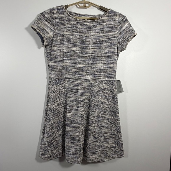 Max Studio Tweed Fit Flare Dress Short Sleeve Textured Blue White Black Sz L NWT - Picture 6 of 8